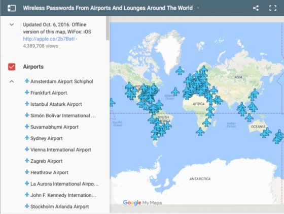 Очень полезная карта с паролями Wi-Fi любого аэропорта мира