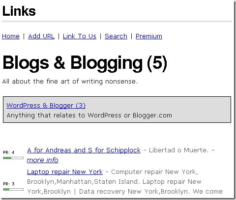 Страницы категорий содержат информацию о pagerank, ссылку и описание:
