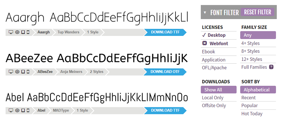Каталог fontsquirrel: сразу видны форматы и количество стилей, справа – удобный фильтр