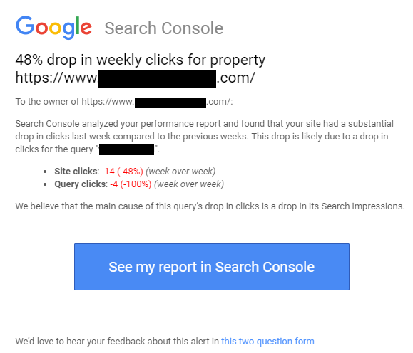 Search Console начал оповещать владельцев сайтов о снижении количества кликов