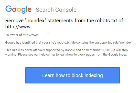 Search Console начал оповещать о прекращении поддержки noindex в robots.txt