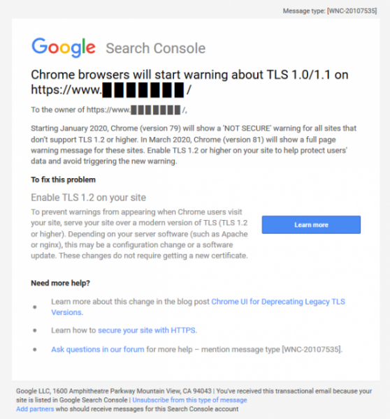 Search Console оповестил о запуске предупреждений в Chrome для сайтов с TLS 1.0/1.1
